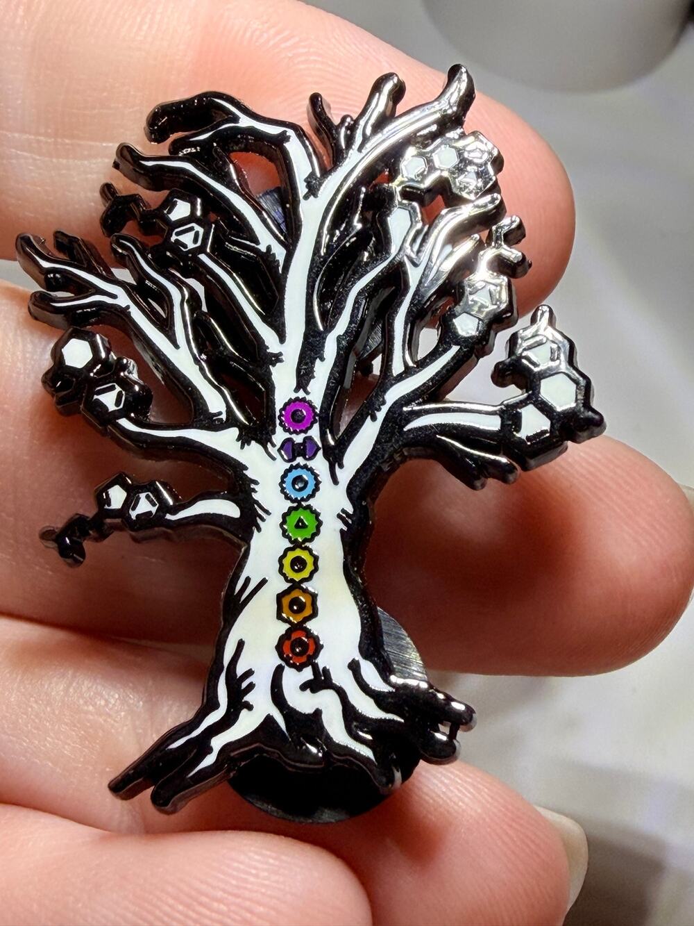 Potent Lifestyle OE Chakra Tree Hat Pin Black White 7 Chakras Enamel Festival